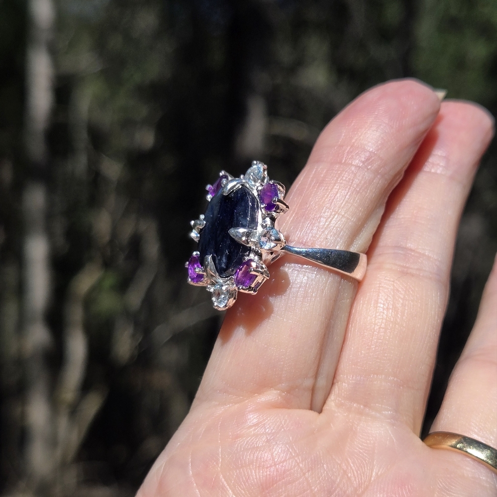 Deep blue sapphire 10k amethyst & Topaz sterling ring sz7 - Picture 9 of 11